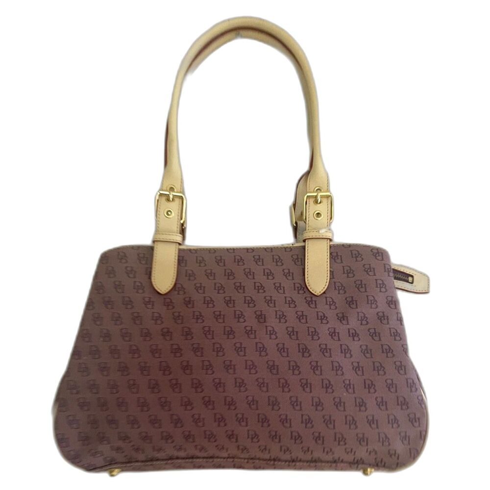 Dooney & Bourke Signature Canvas Purple DB Satchel HandBag Leather Trim 13x8"